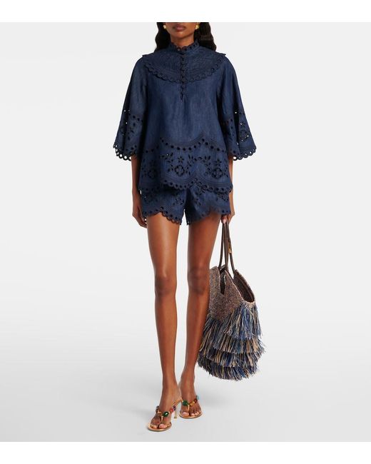 Zimmermann Blue Goldentime Medium Fringed Raffia Tote Bag