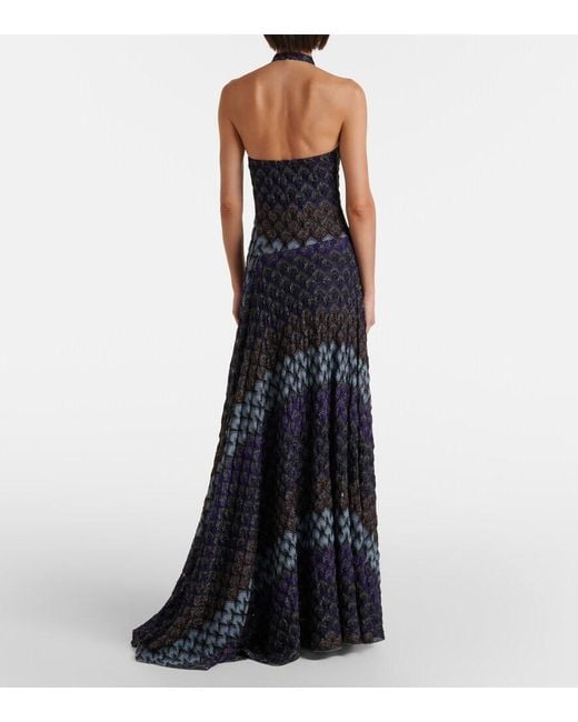 Missoni Blue Halterneck Knitted Lame Gown