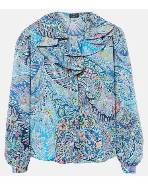 Etro Blue Paisley Ruffled Cotton-Blend Blouse