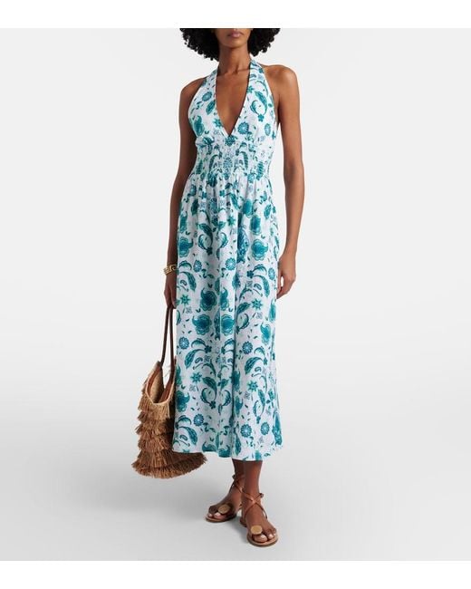 Heidi Klein Blue Kos Paisley Shirred Linen Maxi Dress