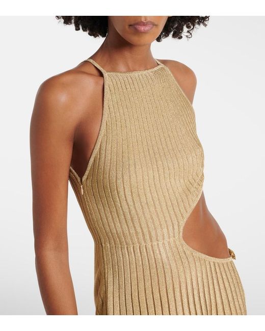 Roberto Cavalli Cutout Ribbed-Knit Sheer Lame Gown in Metallic
