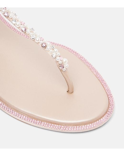 Rene Caovilla Pink Diana Embellished Satin Thong Sandals