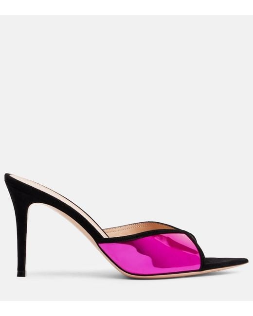 Gianvito Rossi Pink Confetti Suede-Trimmed Metallic Leather Mules