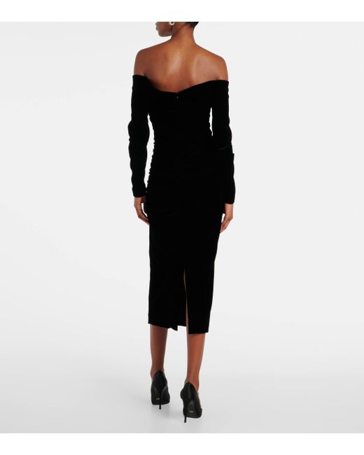 Carolina Herrera Black Off-shoulder Ruched Velvet Midi Dress