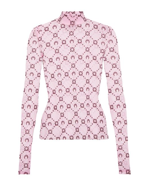 MARINE SERRE Pink Moonogram Mesh Mockneck Top