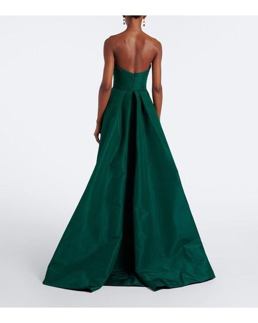 Monique Lhuillier Green Draped Strapless Silk Bustier Gown