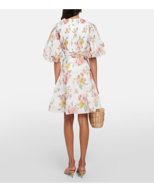 Zimmermann White Minidress With Puff Sleeves And Floral Print