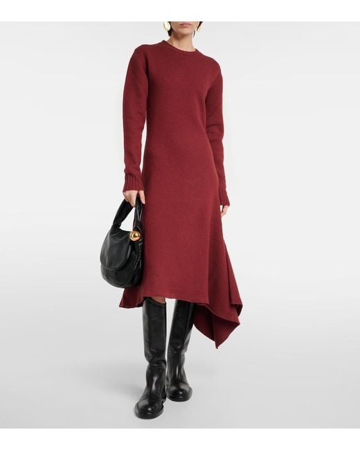 Jil Sander Red Asymmetric Wool Midi Dress