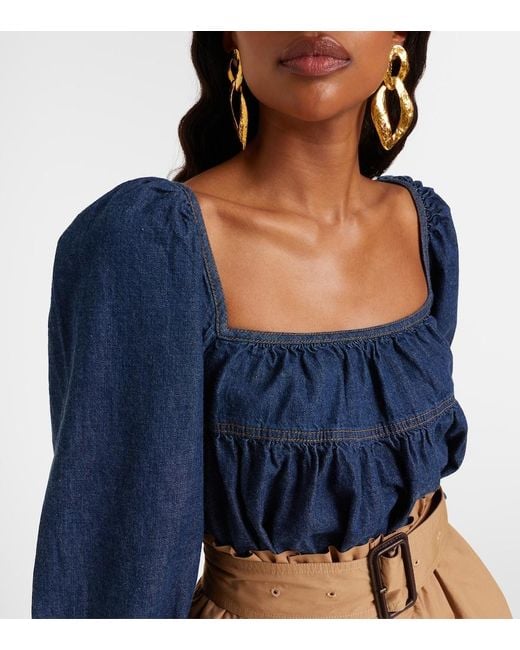 Saint Laurent Blue Gathered Denim Blouse