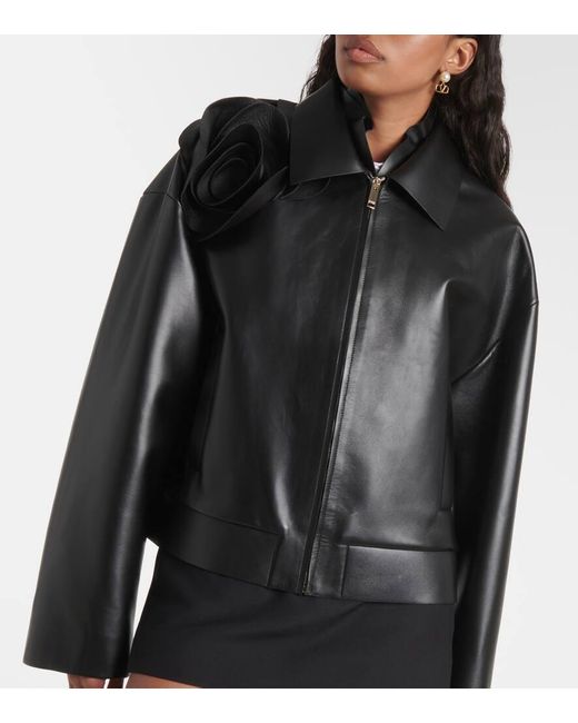 Valentino Black Floral-applique Leather Jacket