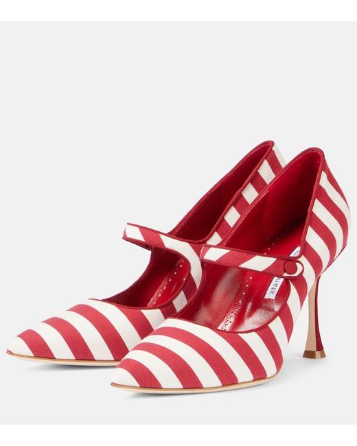 Manolo Blahnik Red Campari Striped Mary Jane Pumps