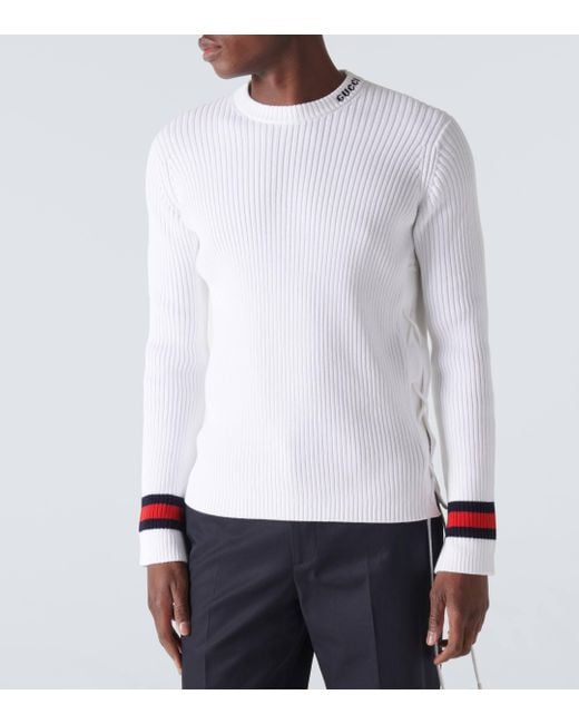 Gucci White Ribbed-knit Cotton Sweater for men