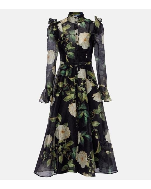 LEO LIN Black Katrina Floral Linen-Blend Midi Dress