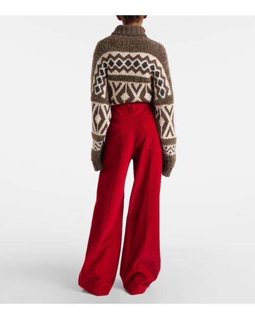 Brunello Cucinelli Red High-Rise Cotton Corduroy Wide-Leg Pants