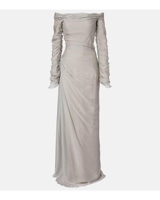Marmar Halim Gray Off-Shoulder Silk Gown
