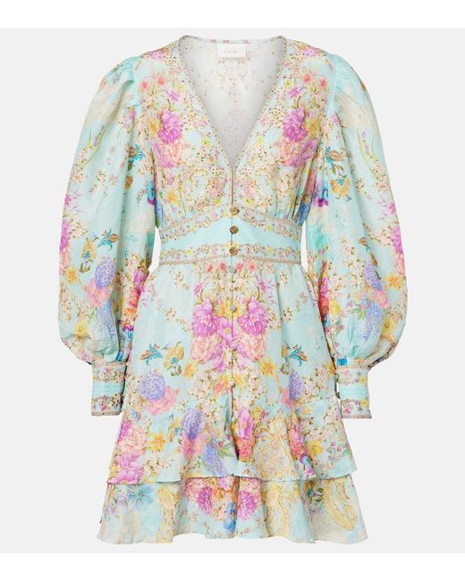 Vestido Corto De Lino Y Seda Floral Adornado Camilla de color Blue