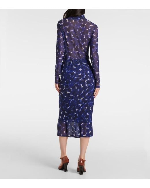 Dries Van Noten Blue Printed Gathered Jersey Midi Skirt