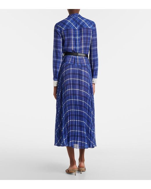 Self-Portrait Blue Belted Checked Chiffon Midi Dress