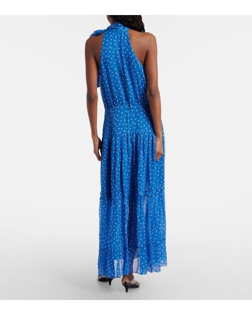 Rixo Blue Layla Tie-Neck Polka-Dot Midi Dress