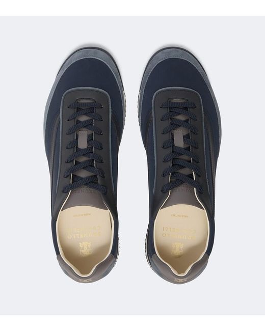 Brunello Cucinelli Blue Leather-Trimmed Sneakers for men