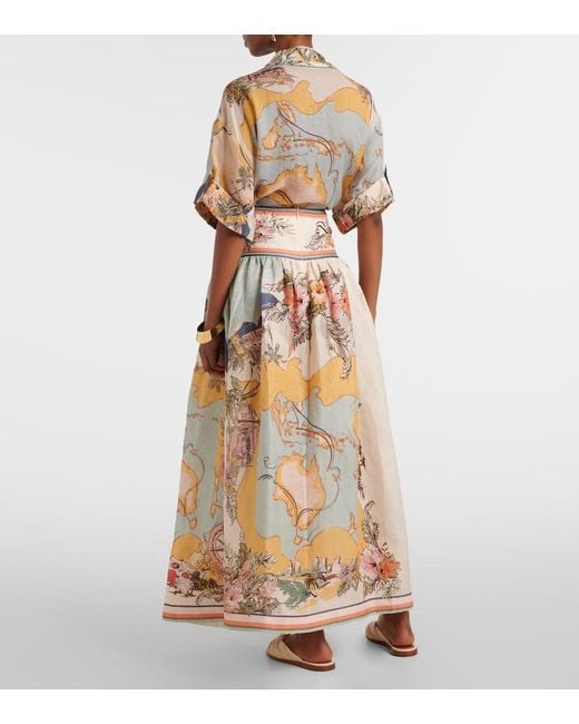Zimmermann Natural Tallow Printed Linen Midi Skirt