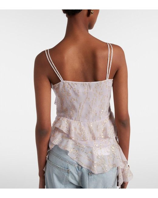 JACQUES WEI Pink Printed Ruffled Asymmetric Silk-Blend Top