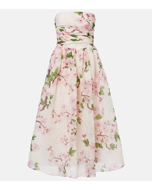 Oscar de la Renta Natural Floral Silk-Blend Organza Bustier Dress
