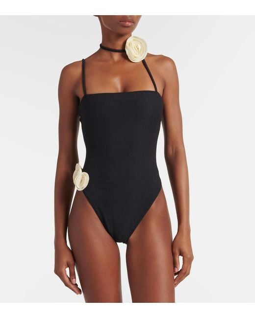 SAME Black Floral-Applique Swimsuit