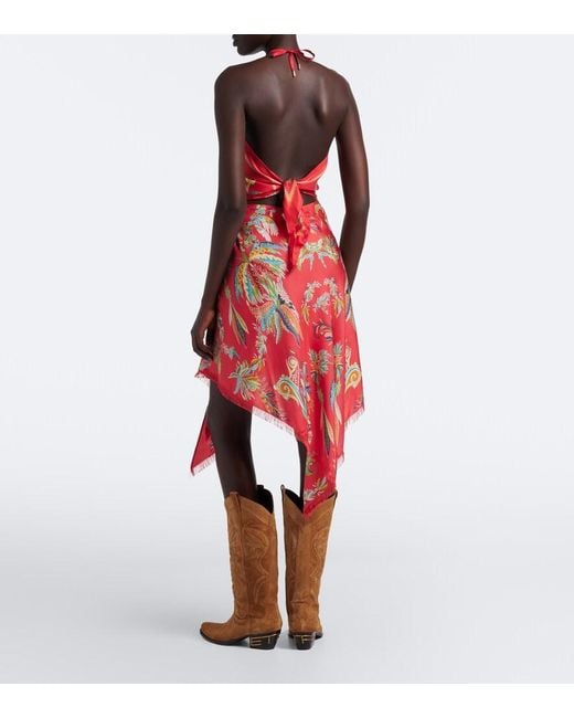 Etro Red Paisley Asymmetric Silk Twill Miniskirt