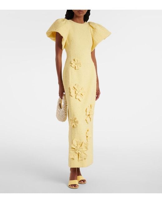 LEO LIN Yellow Lucinda Floral-Applique Tweed Maxi Dress