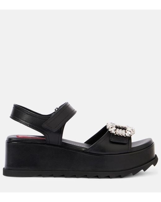 Roger Vivier Black Slidy Viv' Embellished Leather Wedge Sandals
