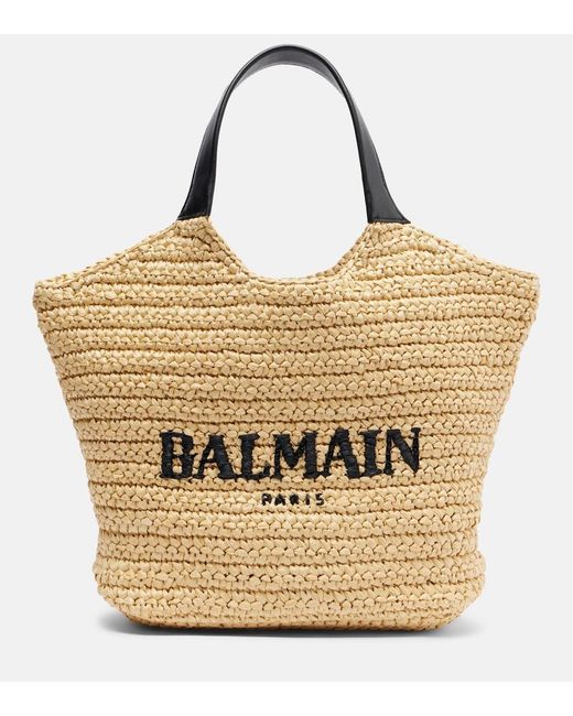 Balmain Metallic Logo Raffia-Effect Top-Handle Bag