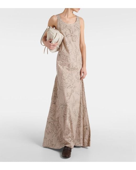 Brunello Cucinelli Natural Floral Cotton Maxi Dress