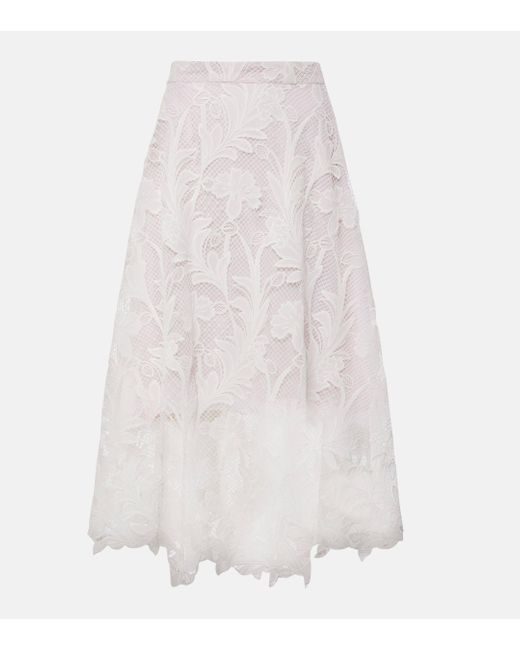 Oscar de la Renta White Floral Guipure Lace Midi Skirt