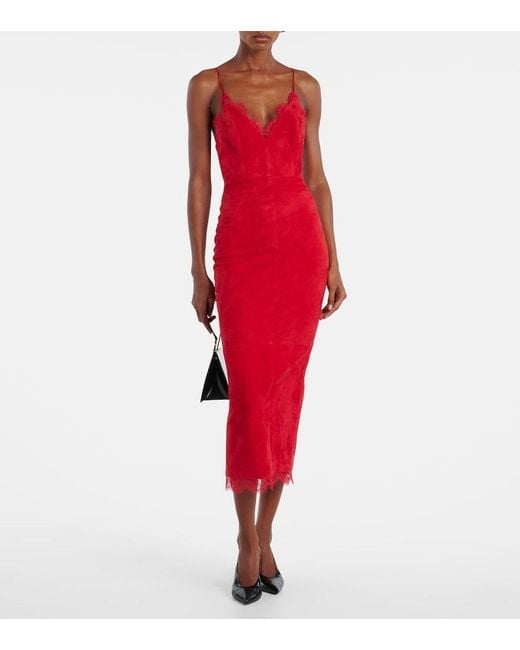 Alex Perry Red Lace-Trimmed Suede Midi Dress