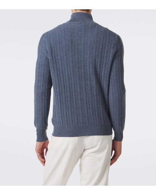 Fedeli Blue Cable-Knit Cashmere Half-Zip Sweater for men