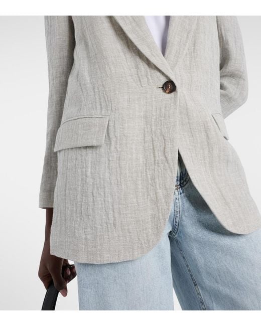 Brunello Cucinelli Gray Oversized V-Neck Linen-Blend Blazer