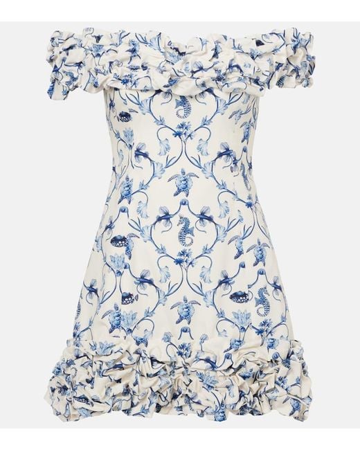 Agua Bendita Blue Jardin Off-Shoulder Cotton Minidress