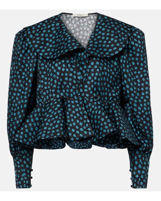 Chloé Blue Polka-Dot Peplum Silk Jacquard Blouse
