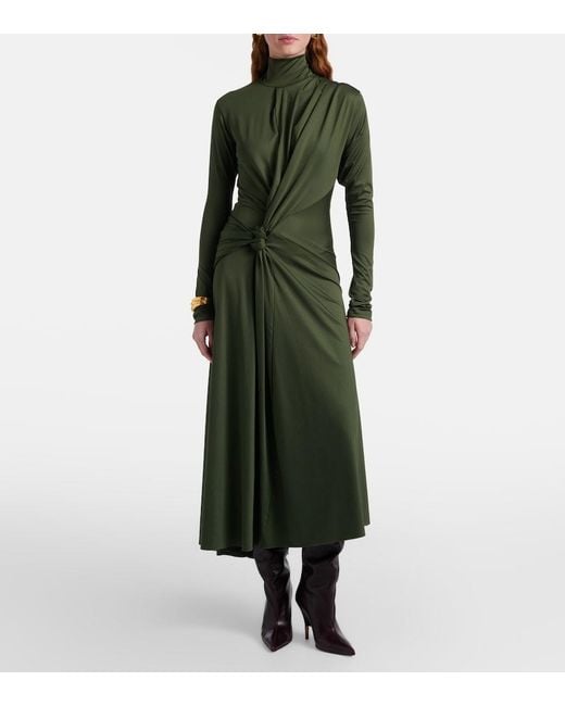 Victoria Beckham Green Gathered Turtleneck Midi Dress