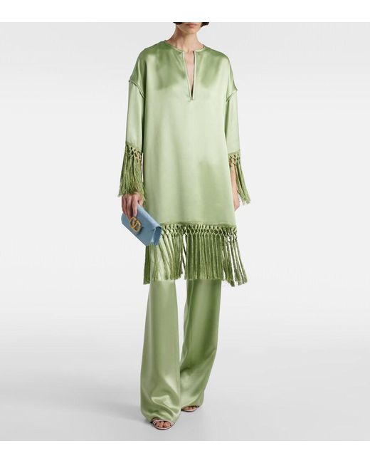 Valentino Green High-Rise Silk Duchesse Wide-Leg Pants