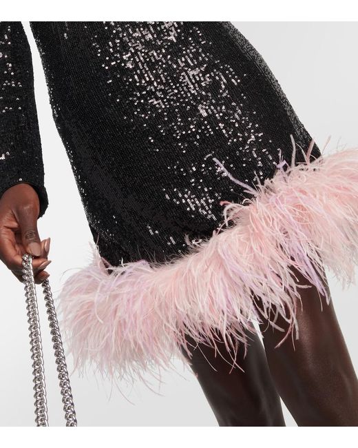 Self-Portrait Black Feather-Trimmed Sequined Minidress