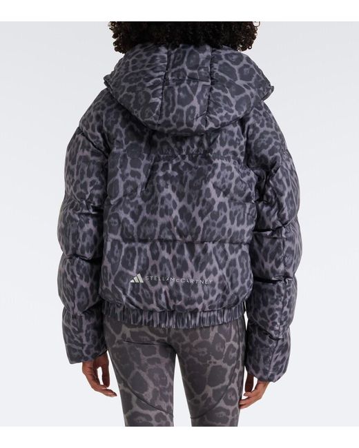 Adidas By Stella McCartney Gray Hooded Leopard-Print Puffer Jacket