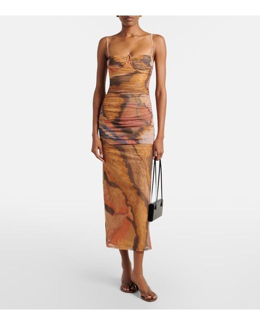 Sir Brown Draped Printed Mesh Midi Dress