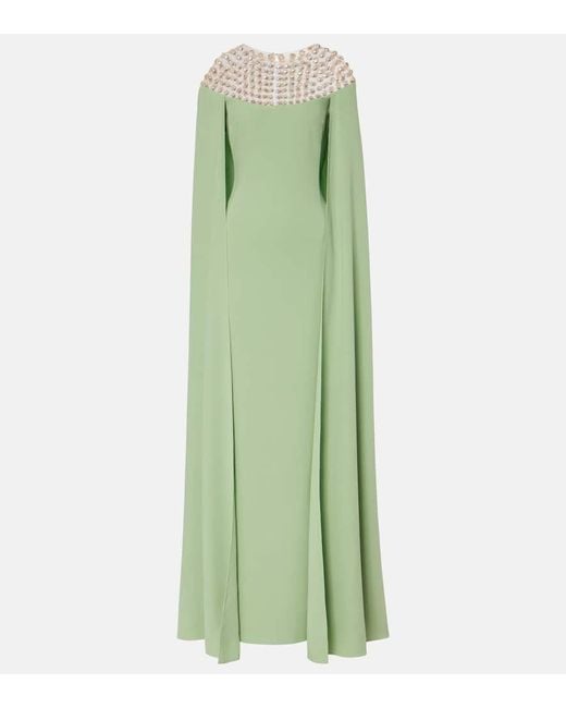 Oscar de la Renta Green Crystal-Embellished Caped Kaftan