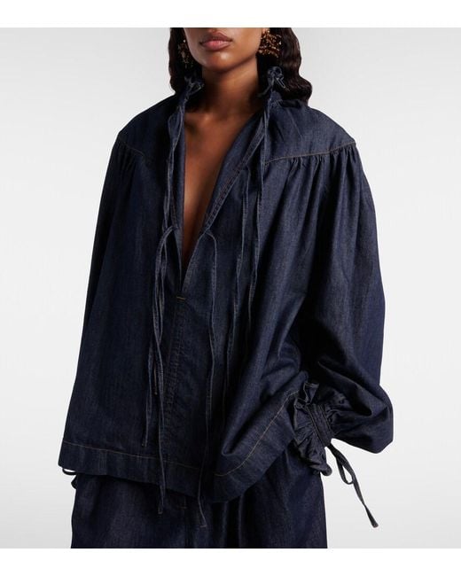 Dries Van Noten Blue Ruffled Cotton Blouse