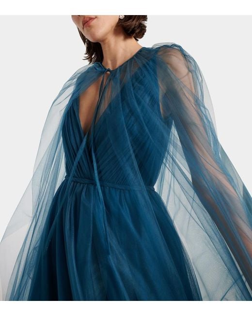 Costarellos Blue Cassandra Caped Tulle Gown