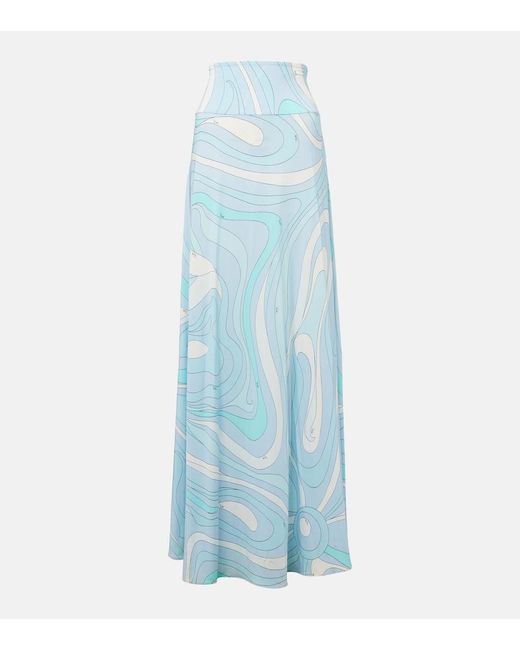 Emilio Pucci Blue Marmo High-Rise Satin Jersey Maxi Skirt