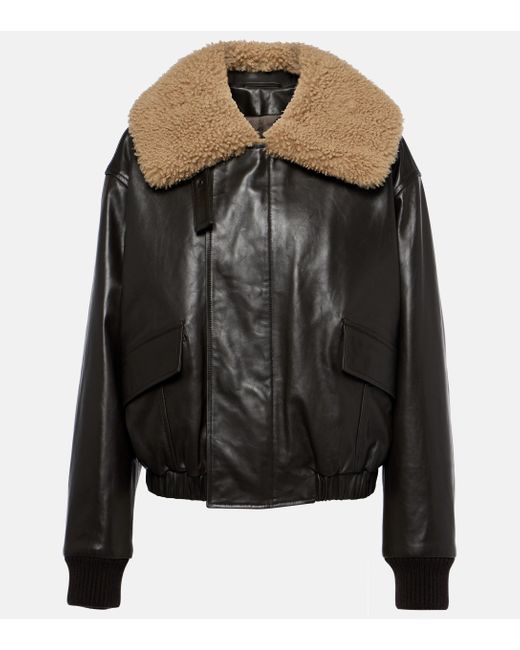 Lemaire Black Shearling And Leather Bomber Jacket