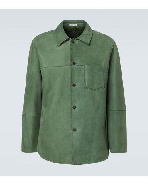 Auralee Green Shearling-Lined Suede Overshirt for men